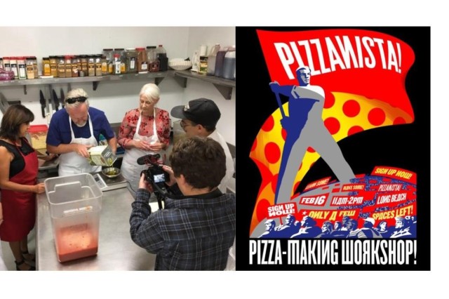 An advertisement for a pizza making class next to a photo of three women and two men participate in a cooking class while a videographer films them. 